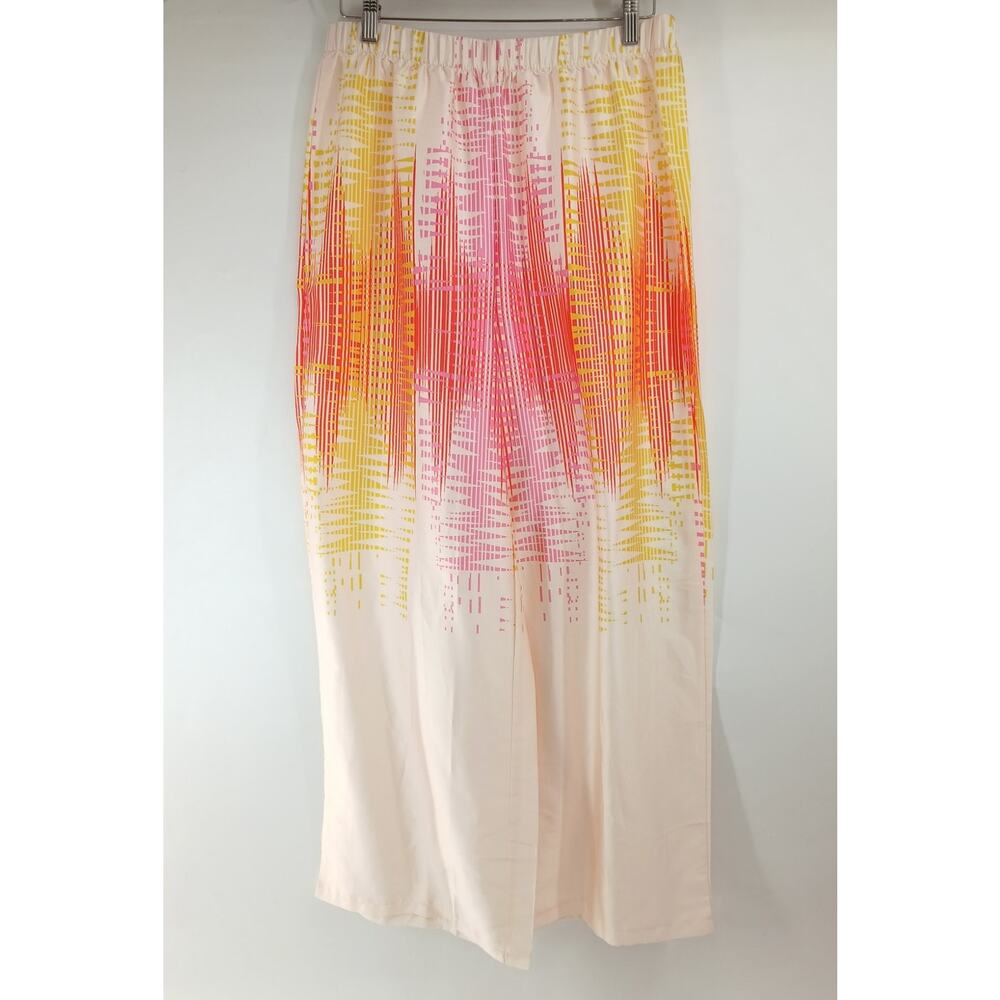 Abstract Geometric Print Satin Wide Leg Pants Trousers Elastic Waist Womens L